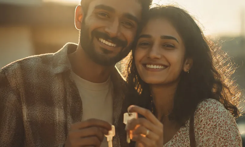 A couple holding the keys to their new home