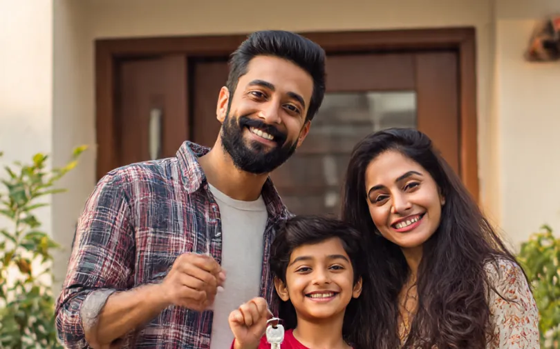 A family holding the keys outside their new home